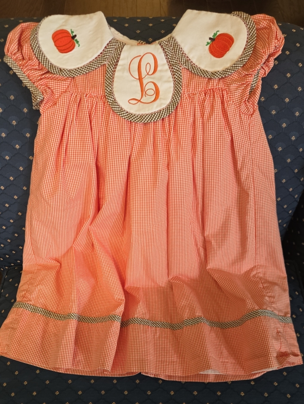 Girls Orange Gingham Bishop Dress with Pumpkin Appliqués